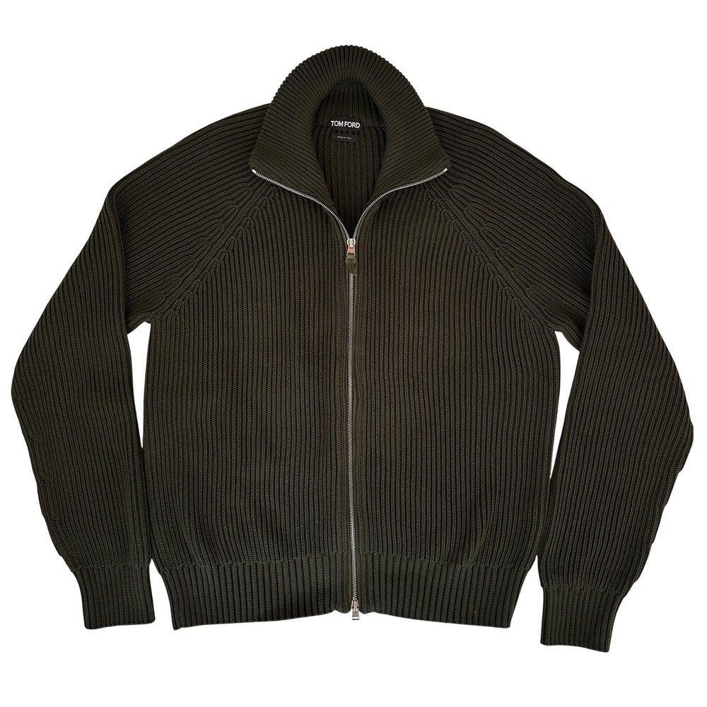 Tom Ford Mens Ribbed Knit Full Zip Cardigan Sweater Olive Green Made in Italy 56